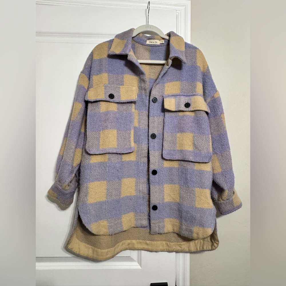 Cozy Plaid Teddy Jacket in Purple and Tan
